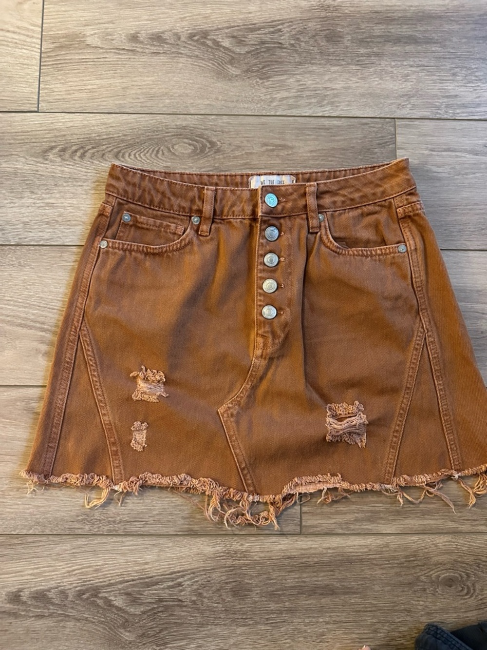We The Free Brown Distressed Button-Front Mini Skirt